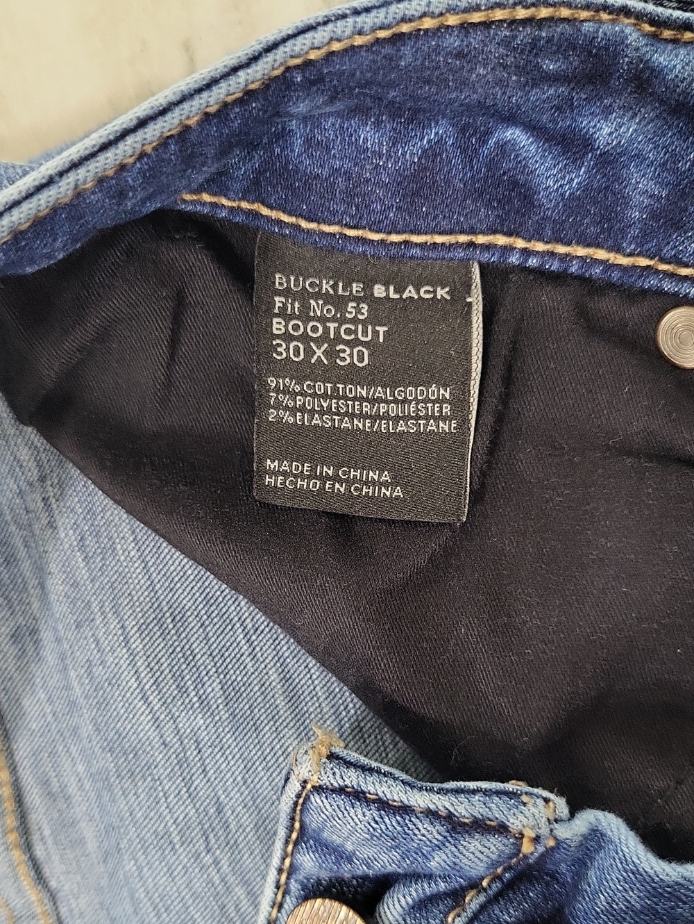 Buckle Black Bootcut Jeans in Dark Blue with Black Waistband